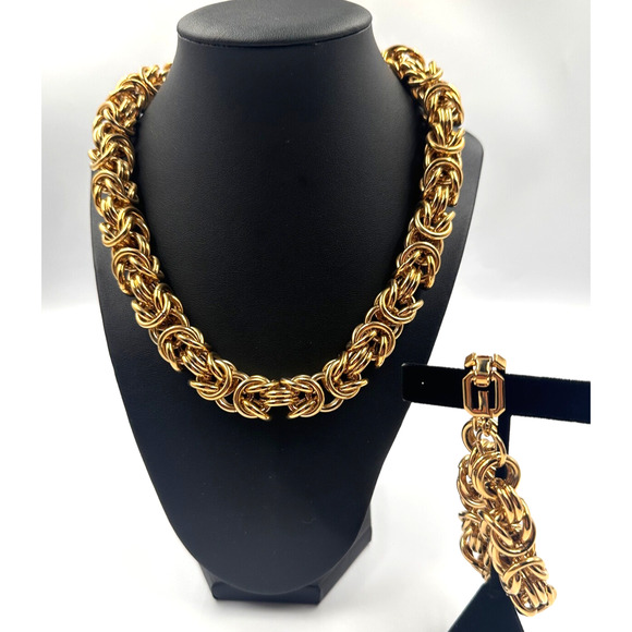 GIVENCHY Chunky Byzantine Chain Statement Necklace & Bracelet Logo 80s Runway - Picture 5 of 12